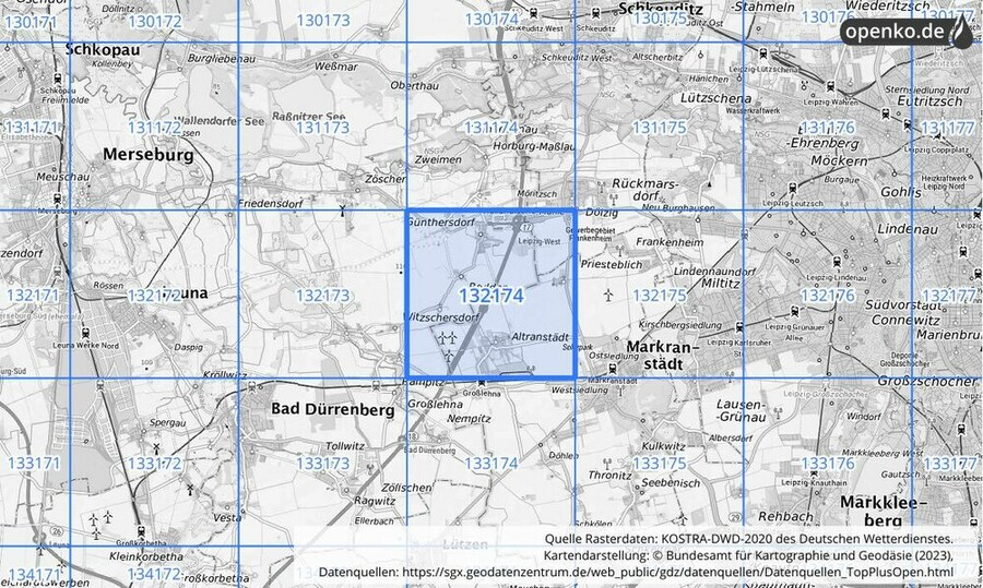 Übersichtskarte des KOSTRA-DWD-2020-Rasterfeldes Nr. 132174