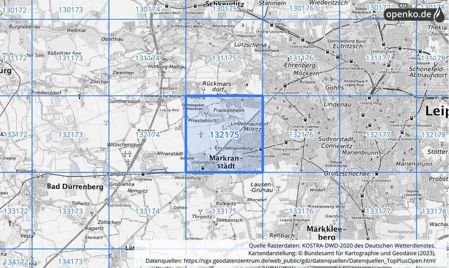 Übersichtskarte des KOSTRA-DWD-2020-Rasterfeldes Nr. 132175