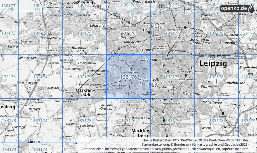 Übersichtskarte des KOSTRA-DWD-2020-Rasterfeldes Nr. 132176