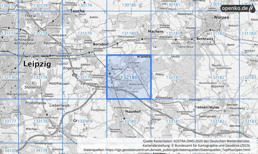 Übersichtskarte des KOSTRA-DWD-2020-Rasterfeldes Nr. 132180