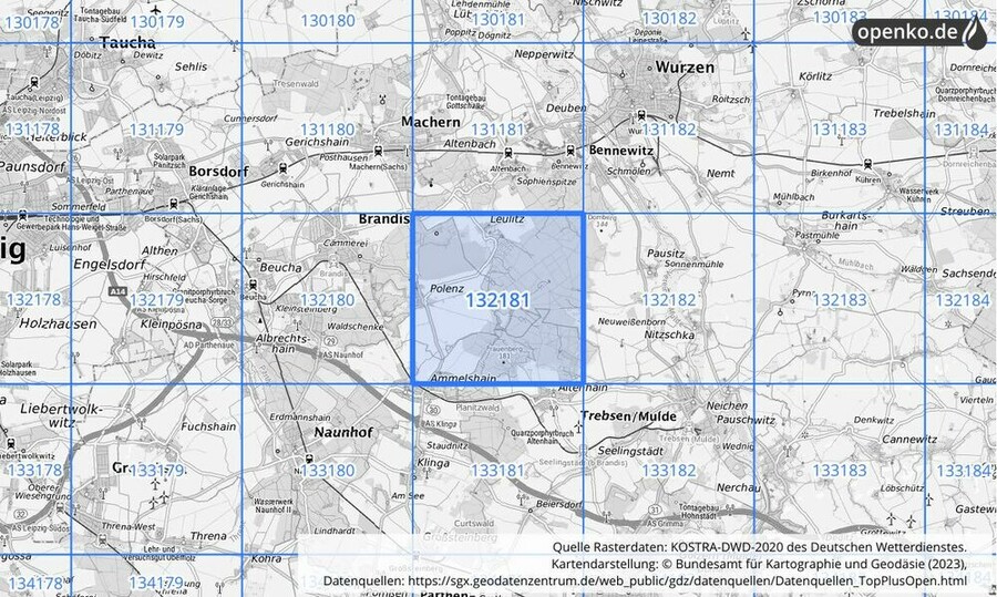 Übersichtskarte des KOSTRA-DWD-2020-Rasterfeldes Nr. 132181