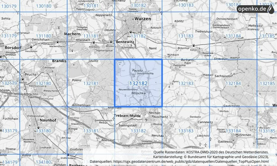 Übersichtskarte des KOSTRA-DWD-2020-Rasterfeldes Nr. 132182