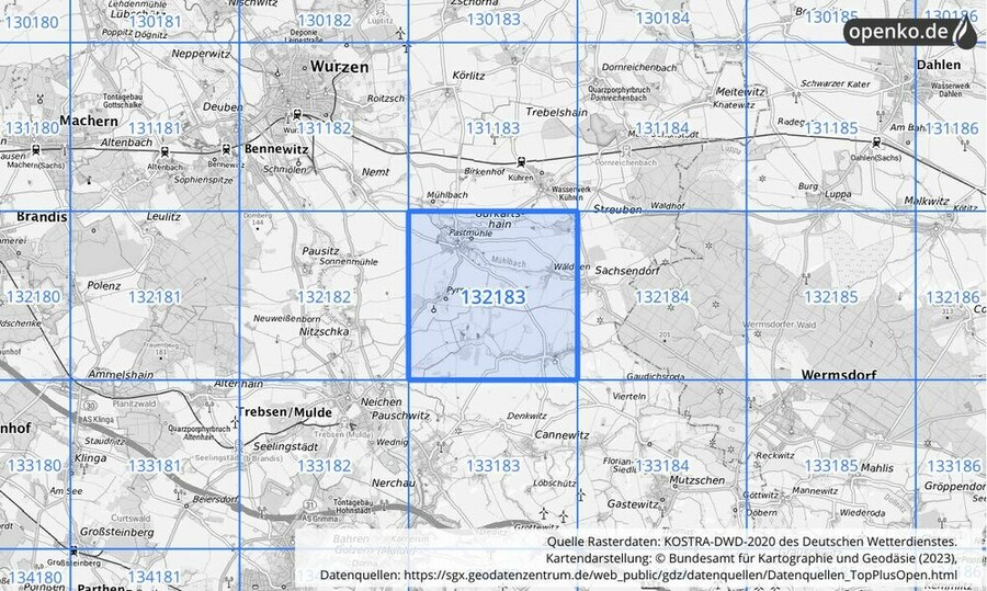 Übersichtskarte des KOSTRA-DWD-2020-Rasterfeldes Nr. 132183