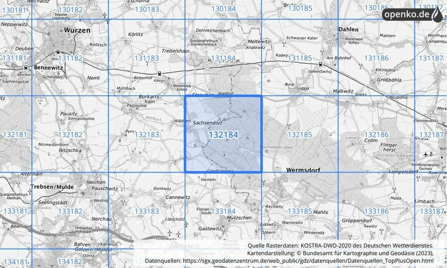 Übersichtskarte des KOSTRA-DWD-2020-Rasterfeldes Nr. 132184