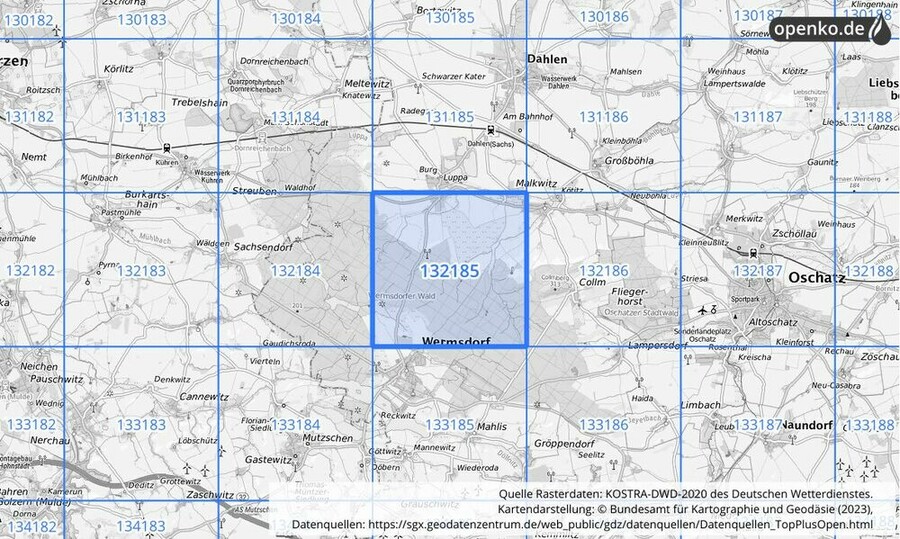 Übersichtskarte des KOSTRA-DWD-2020-Rasterfeldes Nr. 132185