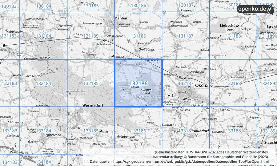 Übersichtskarte des KOSTRA-DWD-2020-Rasterfeldes Nr. 132186