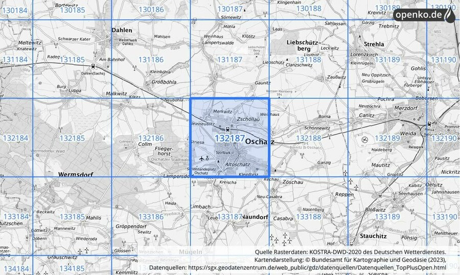 Übersichtskarte des KOSTRA-DWD-2020-Rasterfeldes Nr. 132187