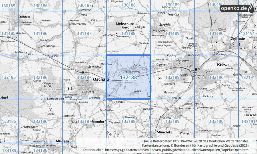 Übersichtskarte des KOSTRA-DWD-2020-Rasterfeldes Nr. 132188