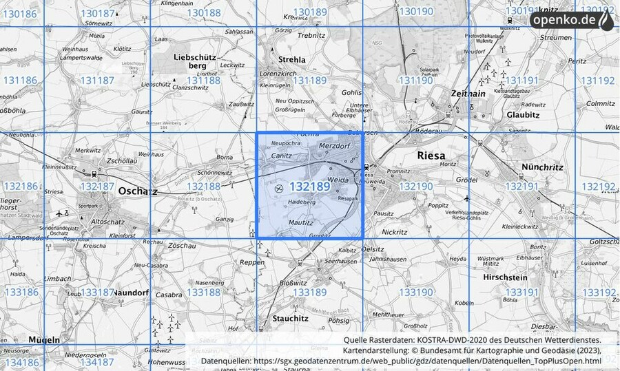 Übersichtskarte des KOSTRA-DWD-2020-Rasterfeldes Nr. 132189