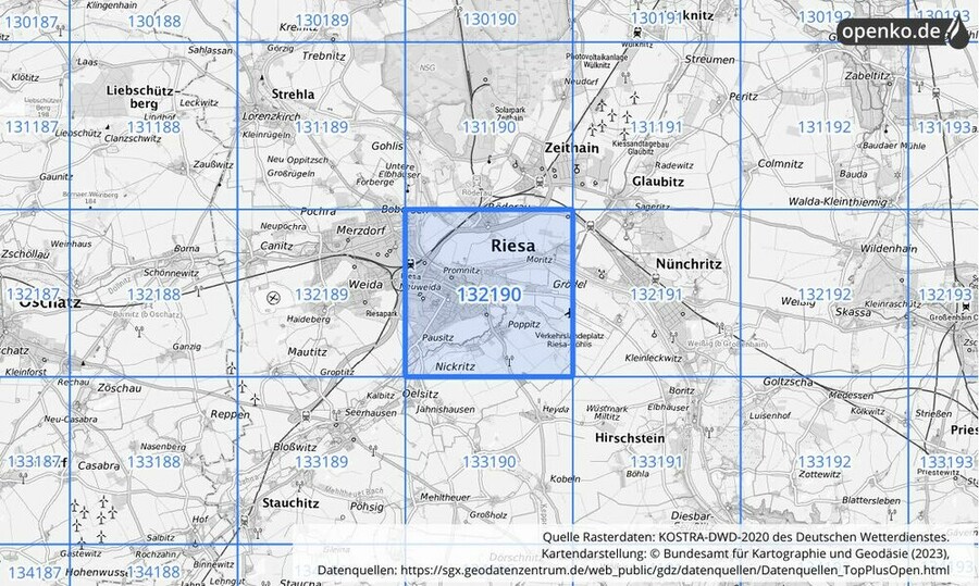 Übersichtskarte des KOSTRA-DWD-2020-Rasterfeldes Nr. 132190