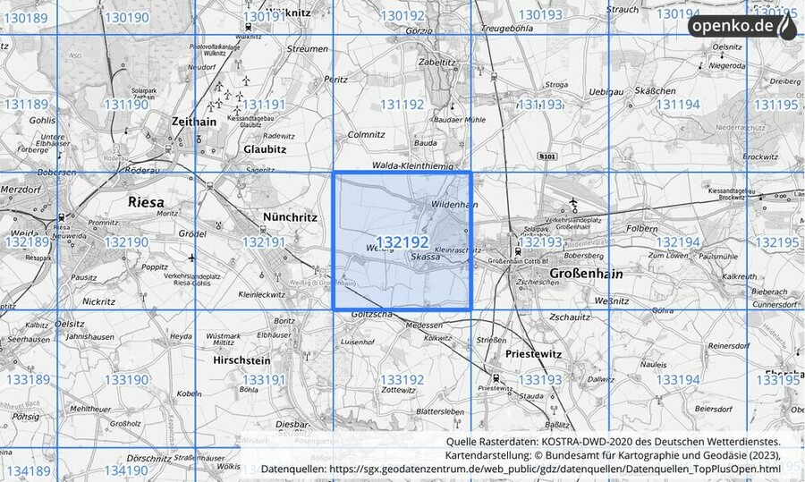 Übersichtskarte des KOSTRA-DWD-2020-Rasterfeldes Nr. 132192