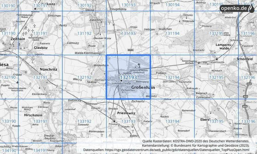 Übersichtskarte des KOSTRA-DWD-2020-Rasterfeldes Nr. 132193