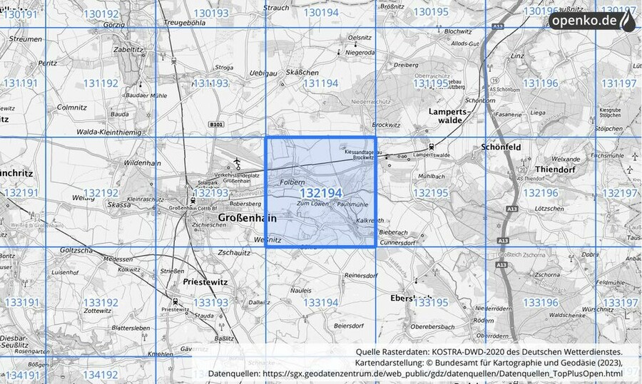 Übersichtskarte des KOSTRA-DWD-2020-Rasterfeldes Nr. 132194