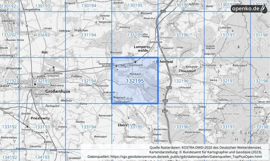 Übersichtskarte des KOSTRA-DWD-2020-Rasterfeldes Nr. 132195