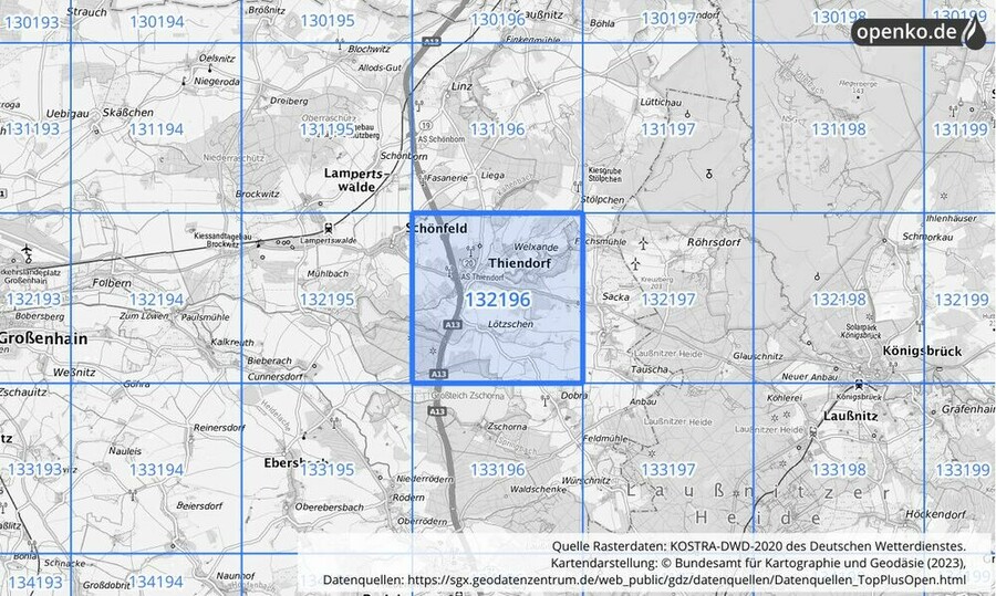 Übersichtskarte des KOSTRA-DWD-2020-Rasterfeldes Nr. 132196