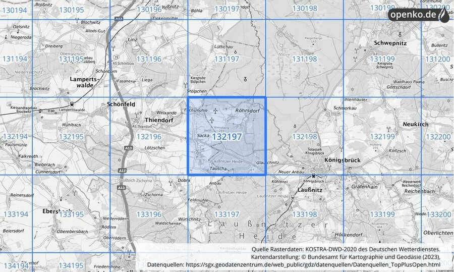 Übersichtskarte des KOSTRA-DWD-2020-Rasterfeldes Nr. 132197