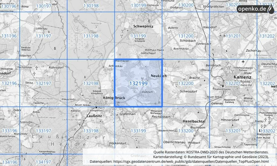 Übersichtskarte des KOSTRA-DWD-2020-Rasterfeldes Nr. 132199