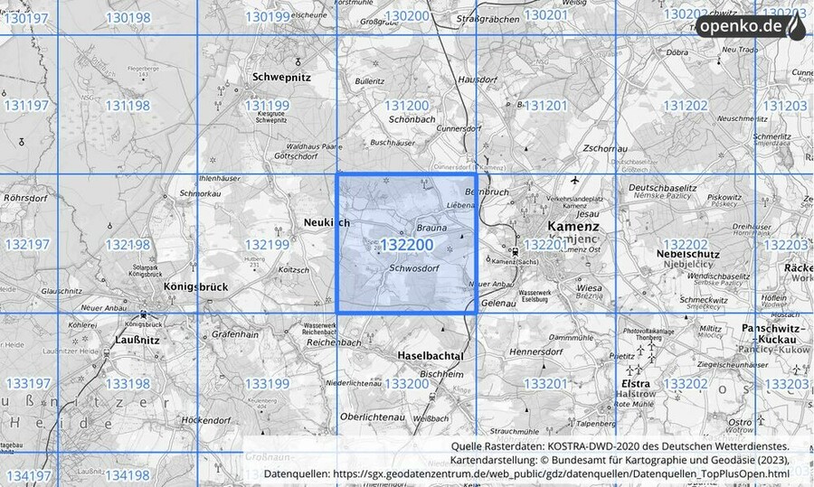 Übersichtskarte des KOSTRA-DWD-2020-Rasterfeldes Nr. 132200