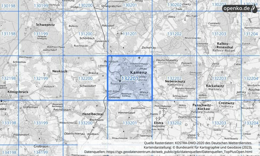 Übersichtskarte des KOSTRA-DWD-2020-Rasterfeldes Nr. 132201