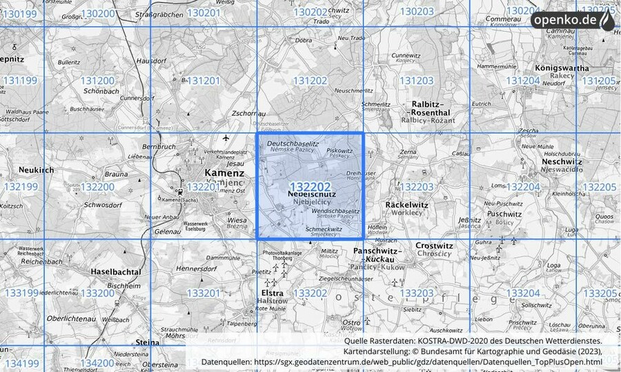 Übersichtskarte des KOSTRA-DWD-2020-Rasterfeldes Nr. 132202