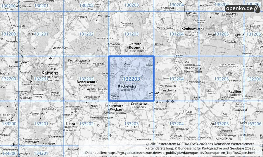 Übersichtskarte des KOSTRA-DWD-2020-Rasterfeldes Nr. 132203