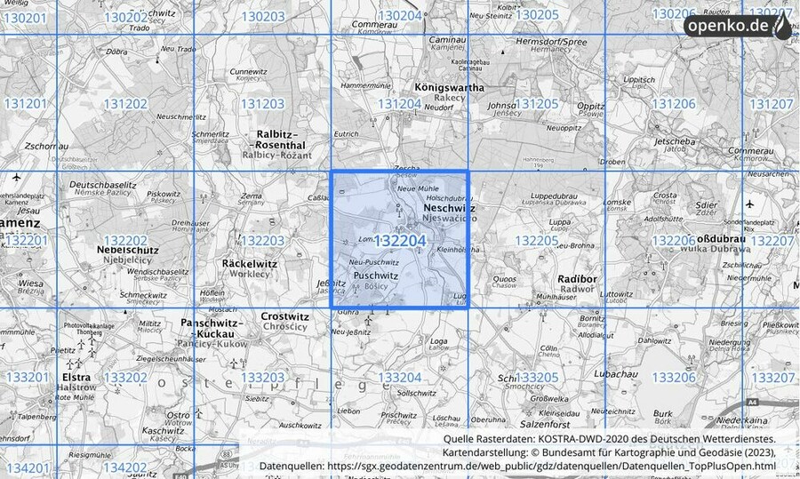 Übersichtskarte des KOSTRA-DWD-2020-Rasterfeldes Nr. 132204