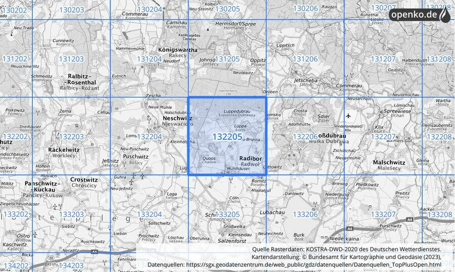 Übersichtskarte des KOSTRA-DWD-2020-Rasterfeldes Nr. 132205