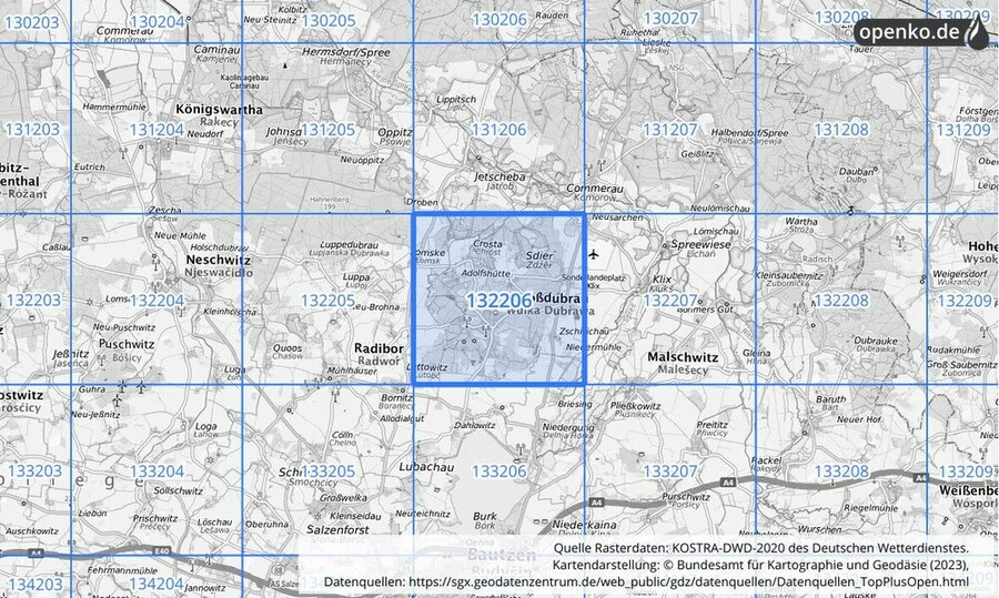 Übersichtskarte des KOSTRA-DWD-2020-Rasterfeldes Nr. 132206