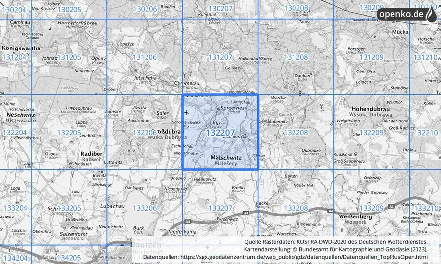 Übersichtskarte des KOSTRA-DWD-2020-Rasterfeldes Nr. 132207