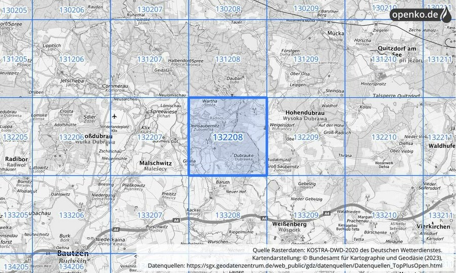 Übersichtskarte des KOSTRA-DWD-2020-Rasterfeldes Nr. 132208