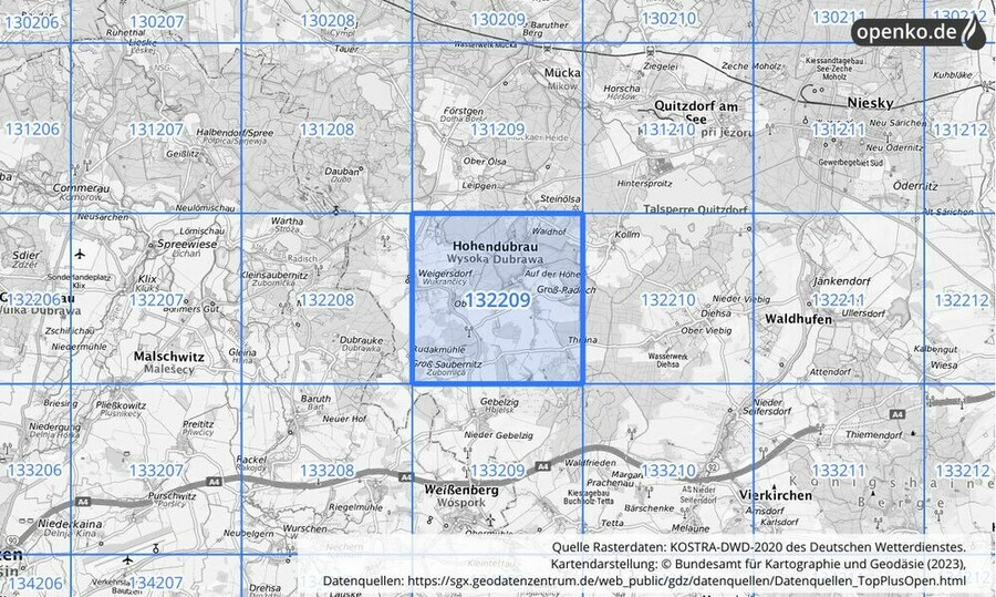 Übersichtskarte des KOSTRA-DWD-2020-Rasterfeldes Nr. 132209