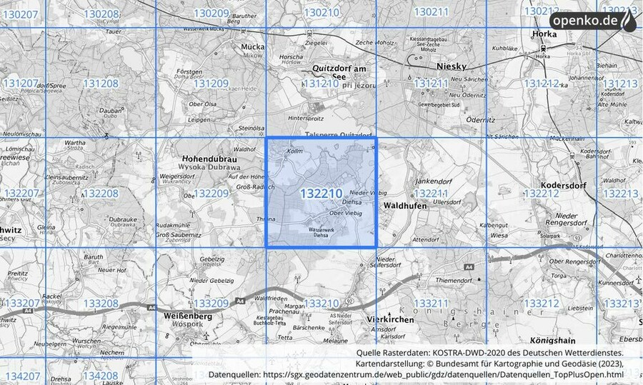 Übersichtskarte des KOSTRA-DWD-2020-Rasterfeldes Nr. 132210