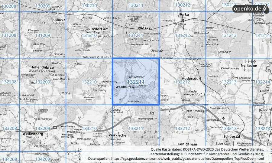 Übersichtskarte des KOSTRA-DWD-2020-Rasterfeldes Nr. 132211