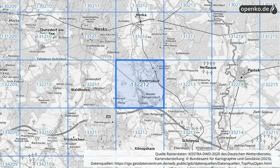 Übersichtskarte des KOSTRA-DWD-2020-Rasterfeldes Nr. 132212