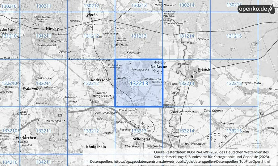 Übersichtskarte des KOSTRA-DWD-2020-Rasterfeldes Nr. 132213