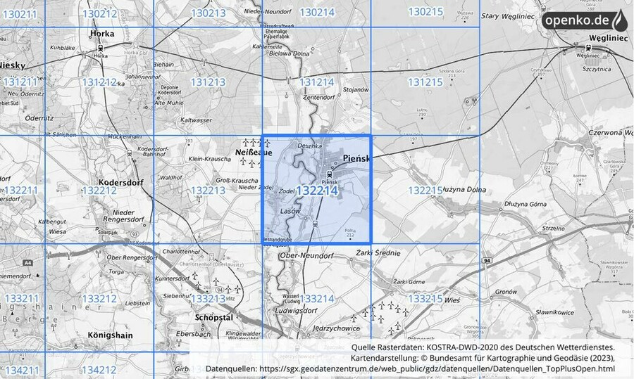 Übersichtskarte des KOSTRA-DWD-2020-Rasterfeldes Nr. 132214