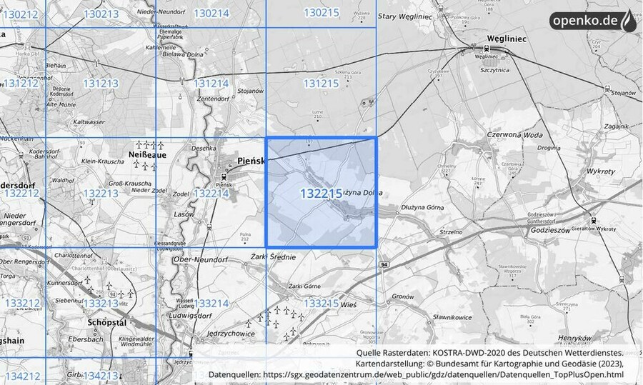 Übersichtskarte des KOSTRA-DWD-2020-Rasterfeldes Nr. 132215