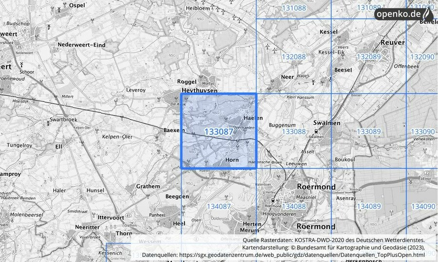 Übersichtskarte des KOSTRA-DWD-2020-Rasterfeldes Nr. 133087