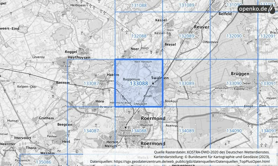 Übersichtskarte des KOSTRA-DWD-2020-Rasterfeldes Nr. 133088