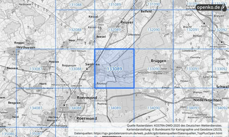 Übersichtskarte des KOSTRA-DWD-2020-Rasterfeldes Nr. 133089