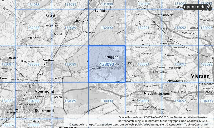 Übersichtskarte des KOSTRA-DWD-2020-Rasterfeldes Nr. 133090