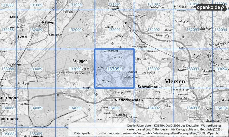 Übersichtskarte des KOSTRA-DWD-2020-Rasterfeldes Nr. 133091