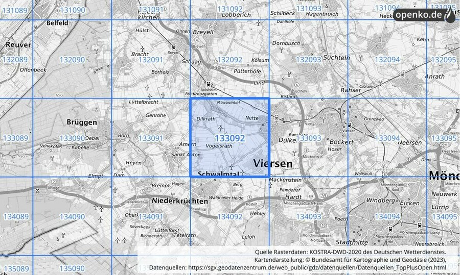 Übersichtskarte des KOSTRA-DWD-2020-Rasterfeldes Nr. 133092