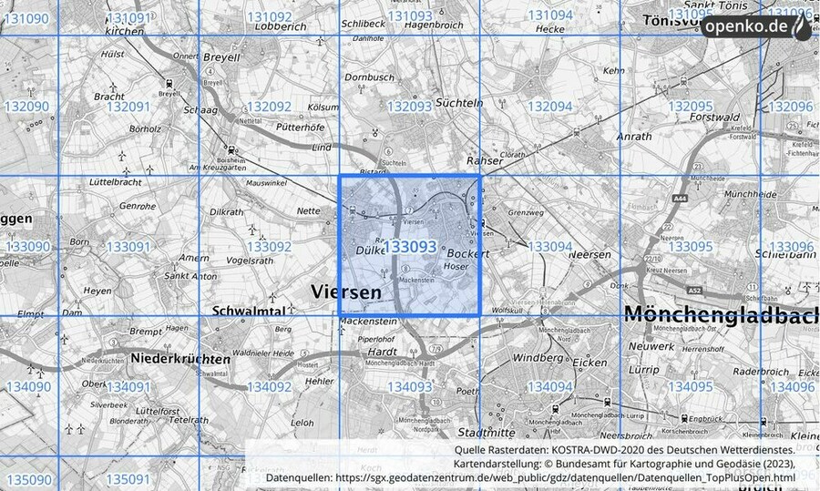 Übersichtskarte des KOSTRA-DWD-2020-Rasterfeldes Nr. 133093