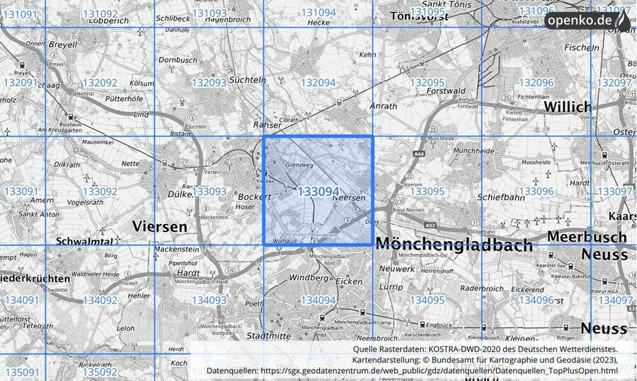 Übersichtskarte des KOSTRA-DWD-2020-Rasterfeldes Nr. 133094