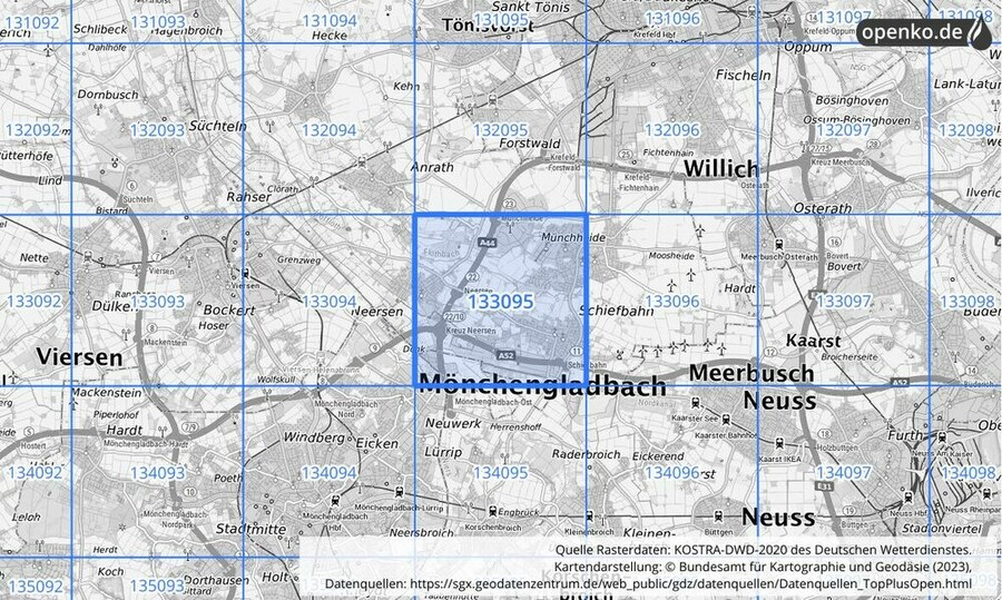 Übersichtskarte des KOSTRA-DWD-2020-Rasterfeldes Nr. 133095