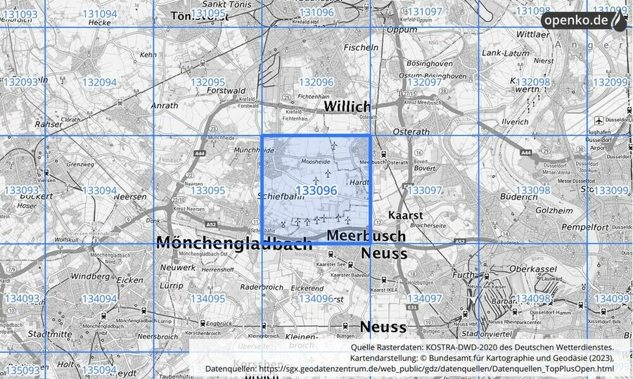 Übersichtskarte des KOSTRA-DWD-2020-Rasterfeldes Nr. 133096