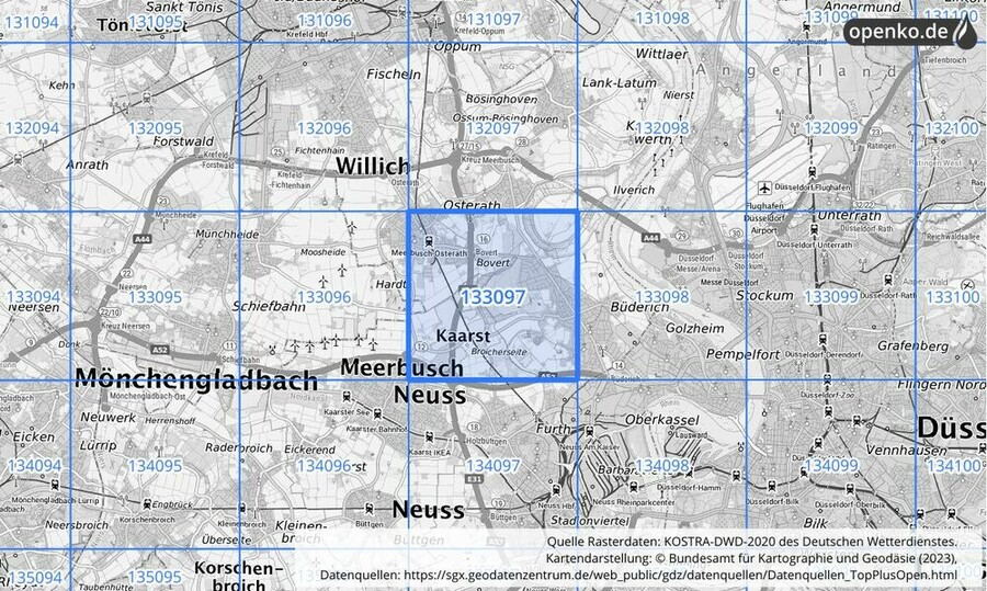 Übersichtskarte des KOSTRA-DWD-2020-Rasterfeldes Nr. 133097