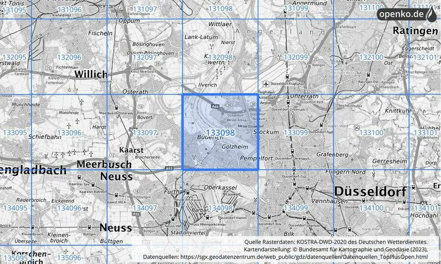 Übersichtskarte des KOSTRA-DWD-2020-Rasterfeldes Nr. 133098