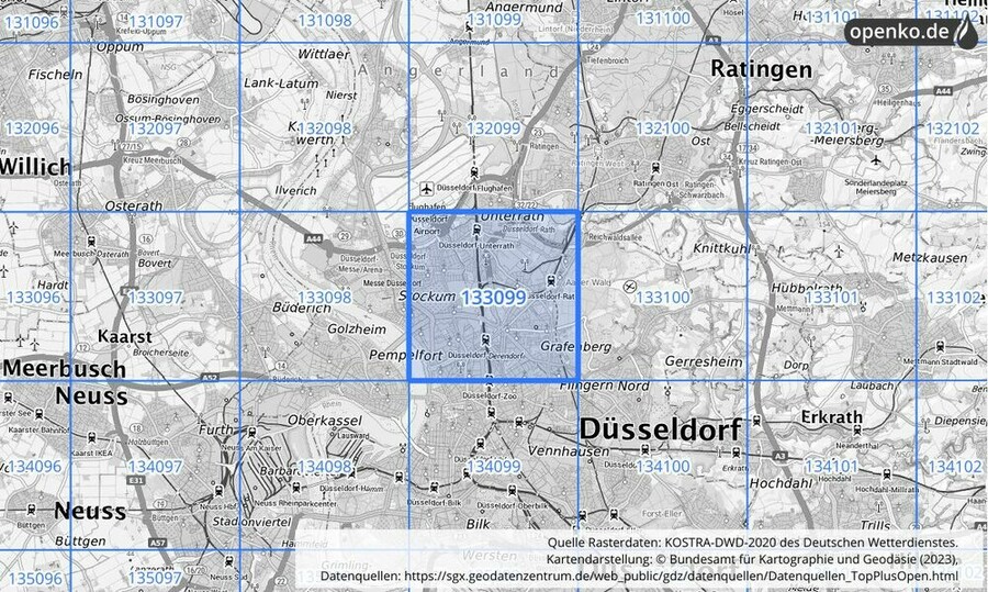 Übersichtskarte des KOSTRA-DWD-2020-Rasterfeldes Nr. 133099